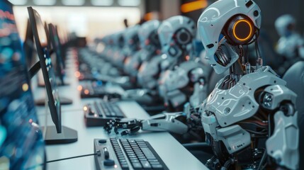Poster - A row of robots diligently work at computer workstations in a futuristic data center