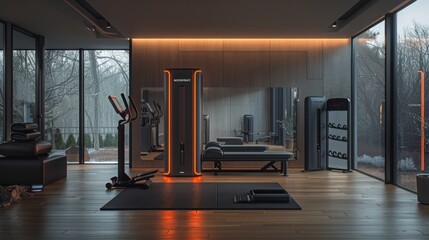 Modern Home Gym with Smart Fitness Equipment, Weights, and Exercise Machine. Concept of fitness, health, wellness, and luxury lifestyle.