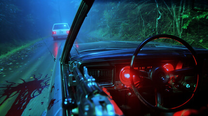 Poster - view of a car Driving in the forest at night