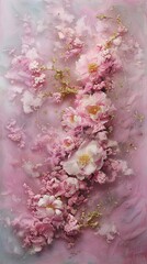 Canvas Print - Pink flowers with golden accents against a pastel pink and lavender background, creating a dreamy and delicate artistic scene.