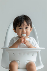 Poster - Baby sitting in a chair eating eggs