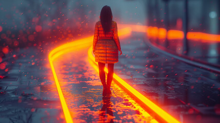 Wall Mural - Girl walking on the glowing road in the city at night