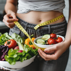 Poster - Close-up of woman measuring healthy waist and healthy food