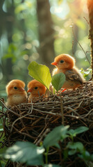 Poster - Baby birds in nest, autumn in the forest