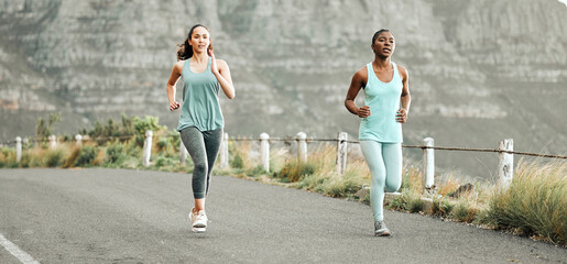 Canvas Print - Running, road and fitness women in nature for marathon, training and speed, challenge or performance outdoor. Body, sports and runner friends in a street for cardio action, wellness and exercise