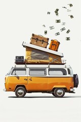 An orange vintage van, packed with luggage and camping gear on the roof, surrounded by floating money bills over white background.