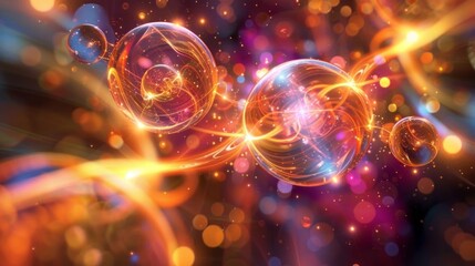 Poster - Abstract digital art depicting the concept of quantum entanglement, with two glowing orbs connected by a stream of light against a shimmering background