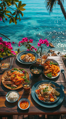 Wall Mural - A rich combination of Southeast Asian food on a table at a beach resort