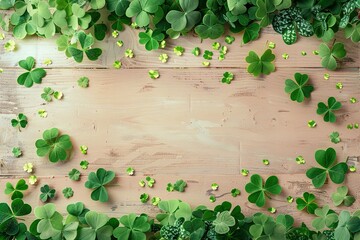 Handmade Shamrock leaves on bright wooden background with copy-space gold lay view