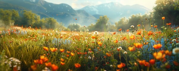 Wall Mural - A vast, sun-drenched meadow, dotted with wildflowers and buzzing with bees.