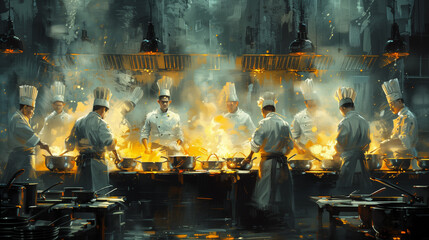 Wall Mural - Illustration of chefs busy preparing meals in a large kitchen