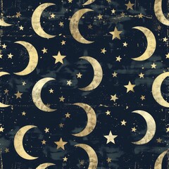 Wall Mural - elegant celestial pattern with gold crescent moons and stars on a dark blue background, creating a l