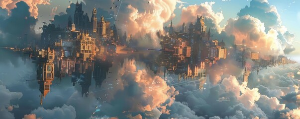 Wall Mural - A cityscape floating upside down in the sky, its buildings reflecting the clouds below.