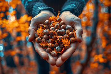 Wall Mural - Hands cupping a mix of acorns and vibrant orange autumn leaves. The cozy and yellow jacket contrasts with the earthy fall colors in the background