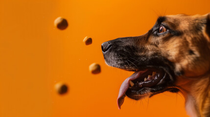 Wall Mural - The dog is receiving food through the air.