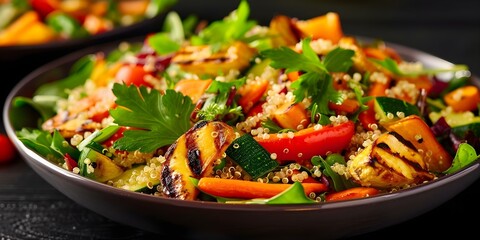 Sticker - Savor a Nourishing Salad with Quinoa, Roasted Veggies, and Leafy Greens. Concept Healthy Eating, Quinoa Recipes, Roasted Vegetables, Leafy Greens, Salad Ideas