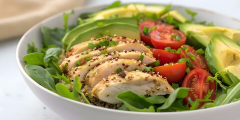 Sticker - Delicious Quinoa Chicken Avocado Salad Bowl on a White Table. Concept Quinoa Recipes, Chicken Salads, Avocado Dishes, Food Photography, Healthy Eating