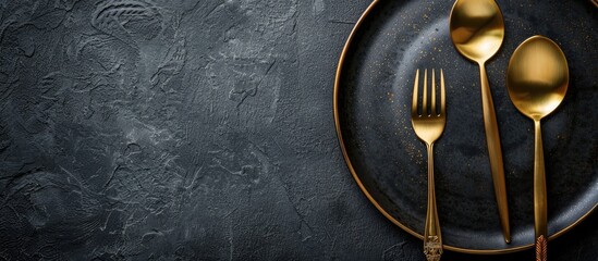 Wall Mural - Gold utensils on black surface with an empty black plate, stunning gold silverware, aerial perspective.