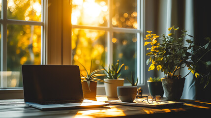 Poster - A laptop is on a desk next to a potted plant and a cup. The scene is bright and sunny, with the sun shining through the window and casting a warm glow on the desk
