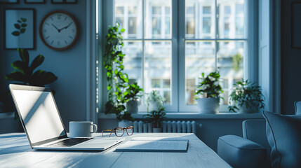 Poster - A laptop is on a table next to a cup and a clock. The room is well lit and has a modern, minimalist design
