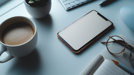 Poster - A cell phone sits on a table next to a cup of coffee and a pair of glasses. The scene suggests a typical workday, with the phone and coffee being essential tools for communication and productivity