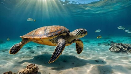 Wall Mural - Beautiful turtle swims underwater