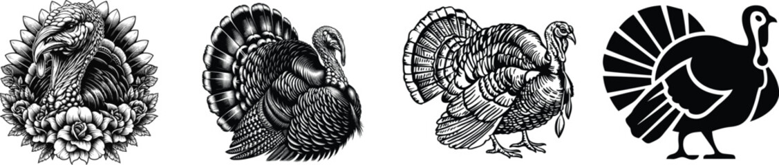 Wall Mural - Set of thanksgiving turkey, wild animal and farm poultry sign, vector illustration.