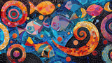 Mosaic artwork of colorful, swirling patterns and colorful sea fish 