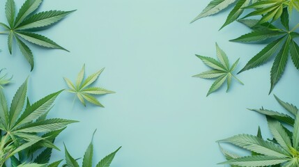 Wall Mural - Banner with cannabis plant on blue background Flat lay of cannabis leaves
