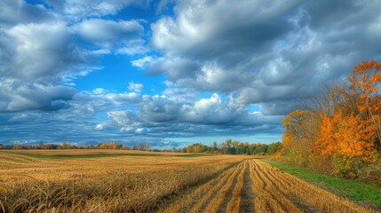 Wall Mural - autumn rural scenery beneath cloudy sky hdr photograph
