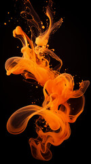 Orange Color Ink Fluid Waves Flowing on Black Background, Abstract Image, Texture, Pattern Background, Wallpaper, Background, Cell Phone Cover and Screen, Smartphone, Computer, Laptop, 9:16 and 16:9 F