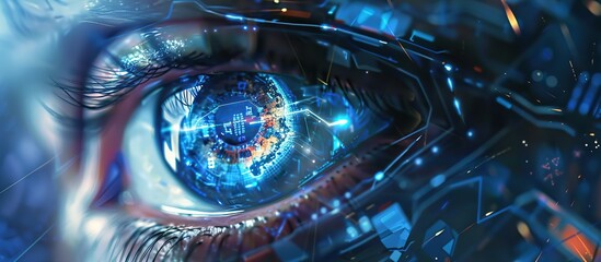 Poster - Human cyborg eye control protection personal internet security access. Concept technology innovation.
