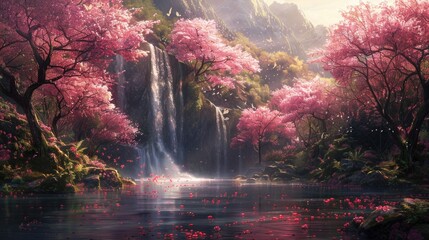 Creation. Genesis. Picturesque scene of tranquil garden with trees in bloom, waterfalls and a river, evoking the essence of Eden.