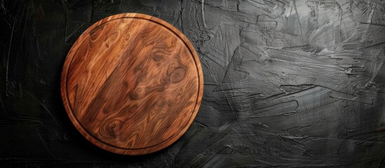 Wall Mural - Round Empty Wooden Board on Black Kitchen Table, Top View, Plenty of Space for Copy.