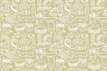 Poster - Fast food background, vector pattern of hamburgers, soda, donuts, pizza, etc.
