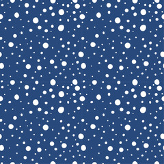 Poster - Vector seamless pattern of white dots of different sizes. Blue background and randomly placed flakes.