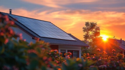 Panel solar energy photovoltaic power roof sun home cell system green house eco industry. Solar energy building panel future electric engineer technology ecology sunset nature station sky light work