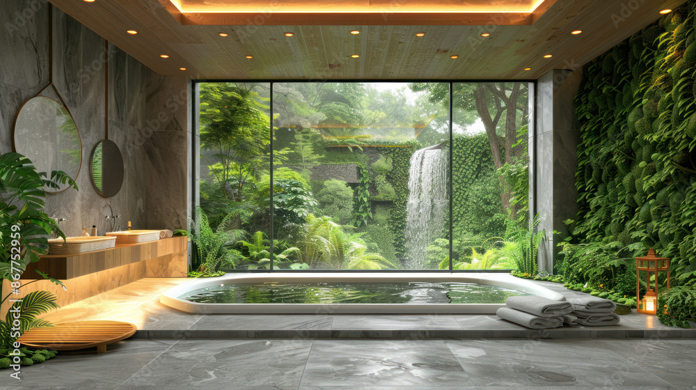 Picture of Luxury bathroom interior design with biophilic elements, bathtub by ...
