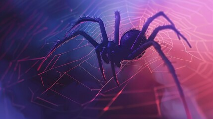 A close-up image of a black spider situated on its intricate web, set against a vibrant, colorful background, illustrating the spider's detailed features and fragile web.