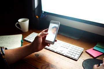 Aufkleber - Night, phone screen and hands of person on social media, dating website and choice with scroll on profile. Table, user and smartphone on break for mobile app, connect and technology for browse