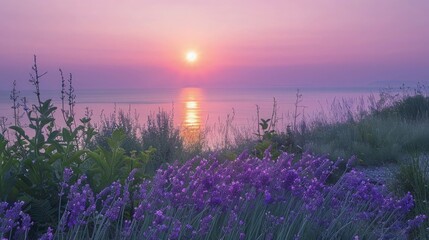 Wall Mural - The sun dips below the horizon on the Black Sea coast under a lavender and soft pink sky, offering a quiet and romantic evening scene.