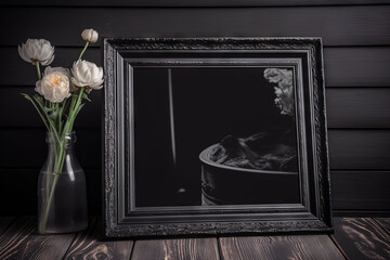 Poster - Black vintage ornate frame in classic style. Dark gothic royal frame in the room.