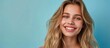 © Penatic Studio - Young beautiful smiling happy woman with blonde wavy hair isolated on pastel flat background with copy space.