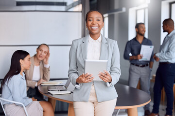 Poster - Portrait, leader and business woman with tablet in team meeting for coworking, research or project. Smile, manager and professional entrepreneur on technology with happy financial broker in office