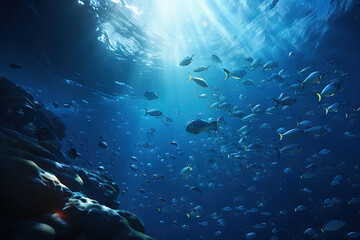 Wall Mural - Deep blue sea underwater scete with a school of fish swimming in tranquility.