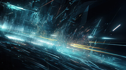 Poster - Abstract technology burst with glowing wires and particles in motion. Technology and science dynamic background.
