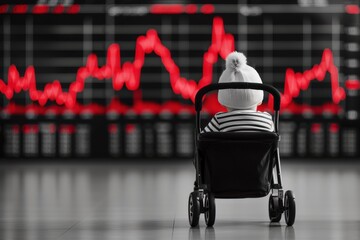 Wall Mural - Market Volatility, Baby in stroller facing stock market graph, Economic Impact