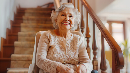 Wall Mural - Happy older woman sitting on stairlift with copy space