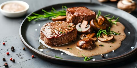 Poster - Beef fillet with pepper or mushroom sauce served on a plate. Concept Beef Fillet, Gourmet Cuisine, Savory Flavors, Elegant Presentation, Fine Dining