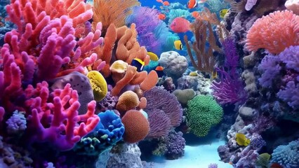 Wall Mural - An animation depicting the vibrant underwater world of a coral reef, illustrating colorful corals, diverse fish species, and the symbiotic relationships between marine organisms